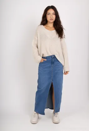 90 cm langer Jeansrock, vorne geschlitzt