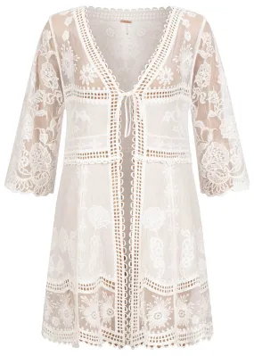 Aiki Damen Spitzen-Cardigan mit Bindedetail off weiss