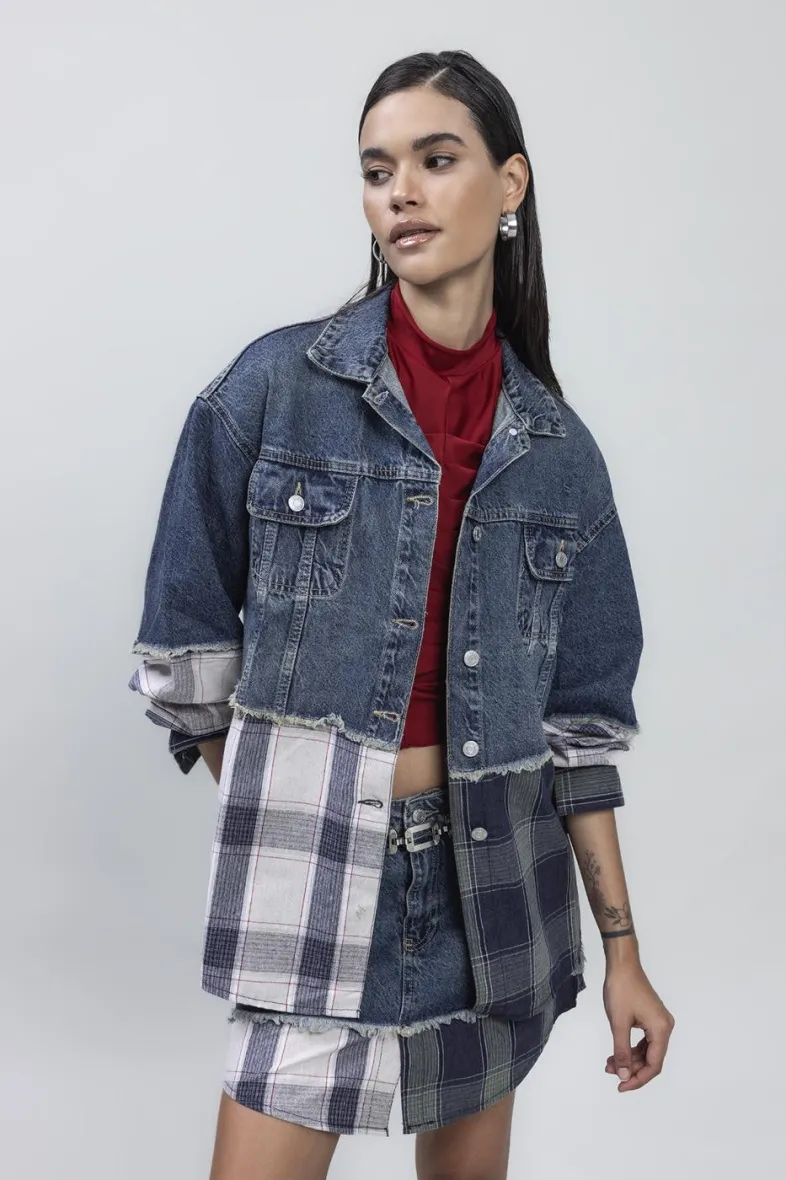 Set aus Jeansmantel mit Garni-Detail und Jeansrock mit Garni-Detail - BSL